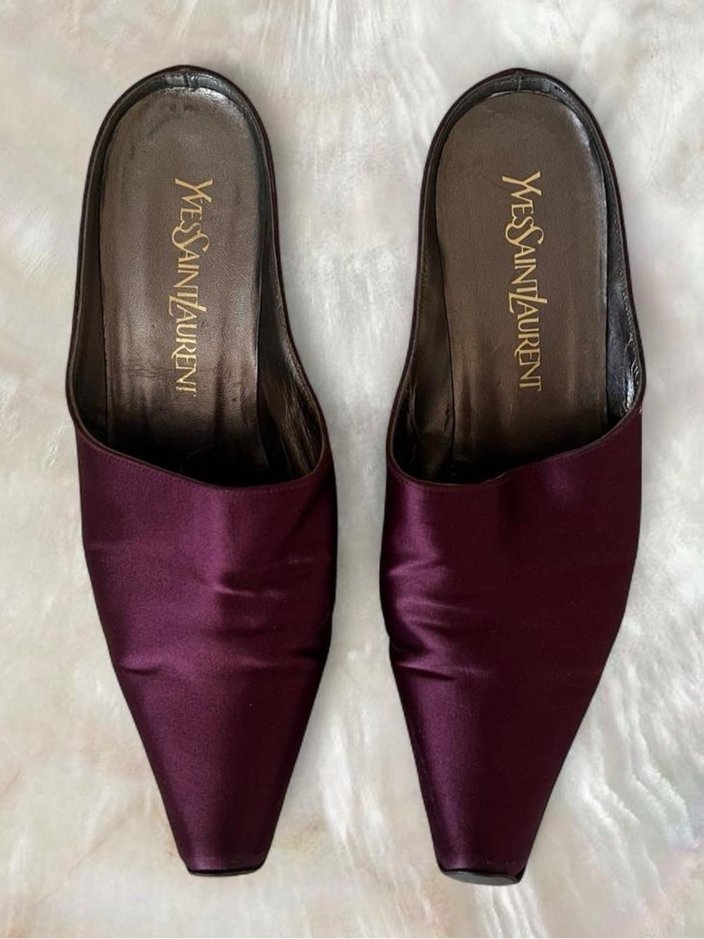Yves Saint Laurent Women's Burgundy Satin Pointed-Toe Mules